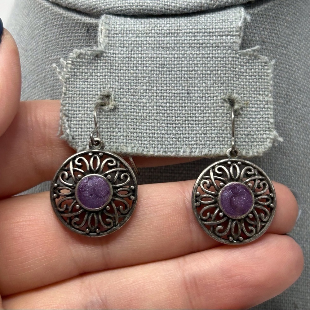 Boho Purple Enamel Round Medallion Dangle Earrings Silver Tone Filigree